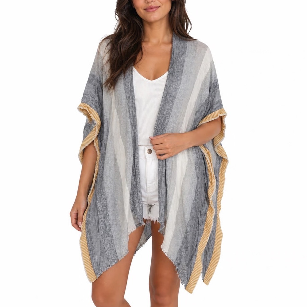 Universal Thread Yellow Grey Striped Kimono Wrap Open Front Fringe